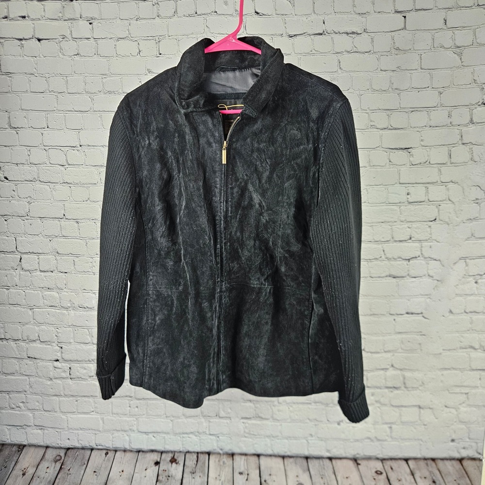 Fabio Black Suede Leather Jacket Mixed Media Ribbed Knit Sleeve Womens XL Zip Up